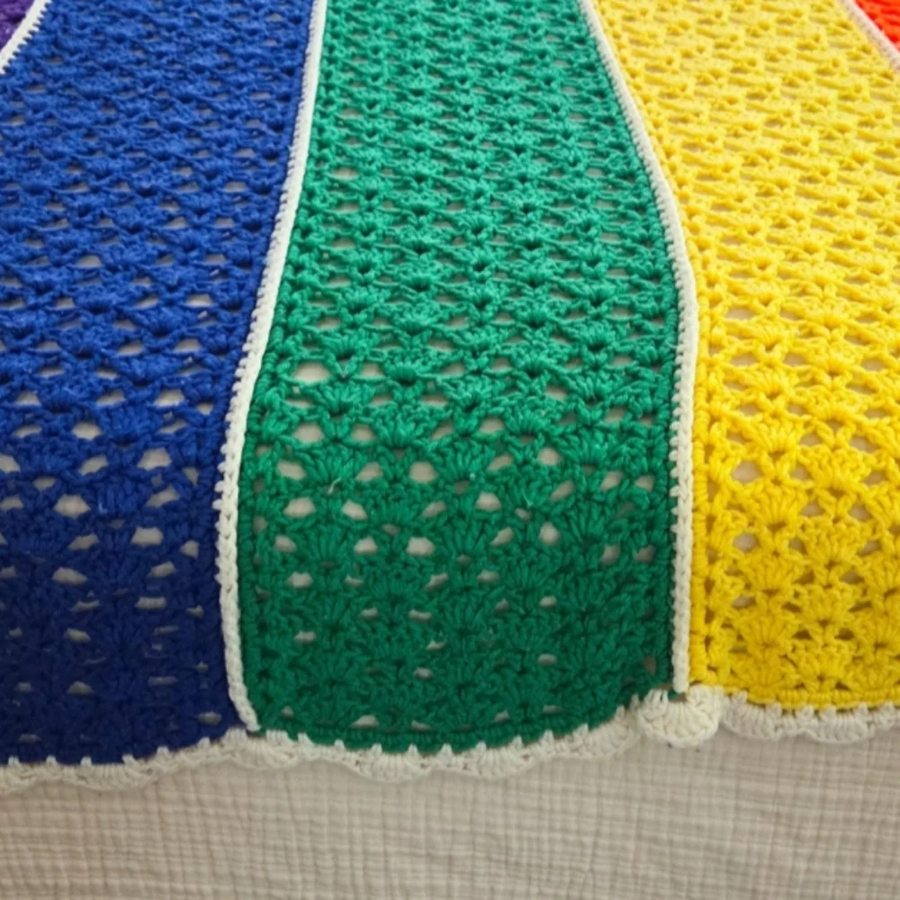 SOLD - Vintage Rainbow Striped Crochet Throw Blanket / Retro Granny - Picture 4 of 7